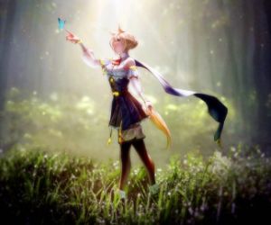 Girl with cat ears spotting a butterfly in a forest live wallpaper