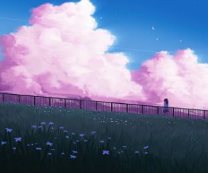 Pink clouds with green grass anime scenery live wallpaper