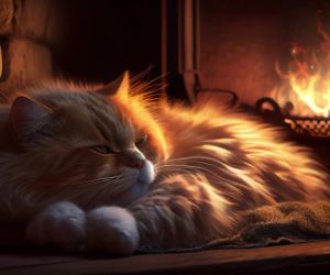 kitty near fireplace live wallpaper
