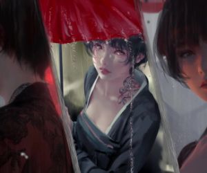 Girl with red umbrella live wallpaper