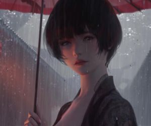 samurai girl in the rain with a red umbrella live wallpaper