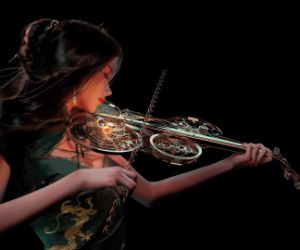 Beautiful violinist playing a futuristic violin live wallpaper
