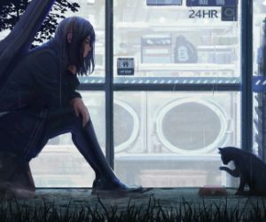 girl looking at a cat outside a laundry mat live wallpaper