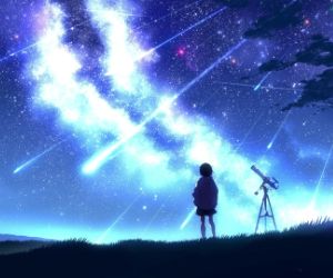 girl standing with her telescope gazing at the stars above live wallpaper