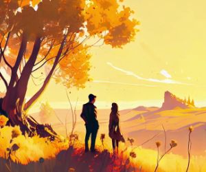 Couple in love standing on a yellow field live wallpaper
