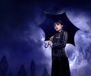 Wednesday from Addams Family with a black umbrella live wallpaper