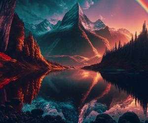 magical nature with mountains, lake, trees and a rainbow live wallpaper