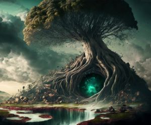 magical tree with a portal in its trunk live wallpaper