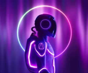 Astronaut with triangle neon light in his bag 4K wallpaper download